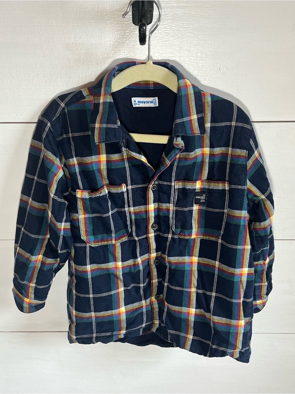 Mayoral Navy Plaid Shirt with Multicolor Stripes